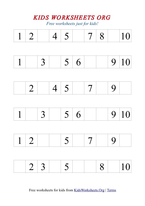 Missing Numbers Worksheets 1 10