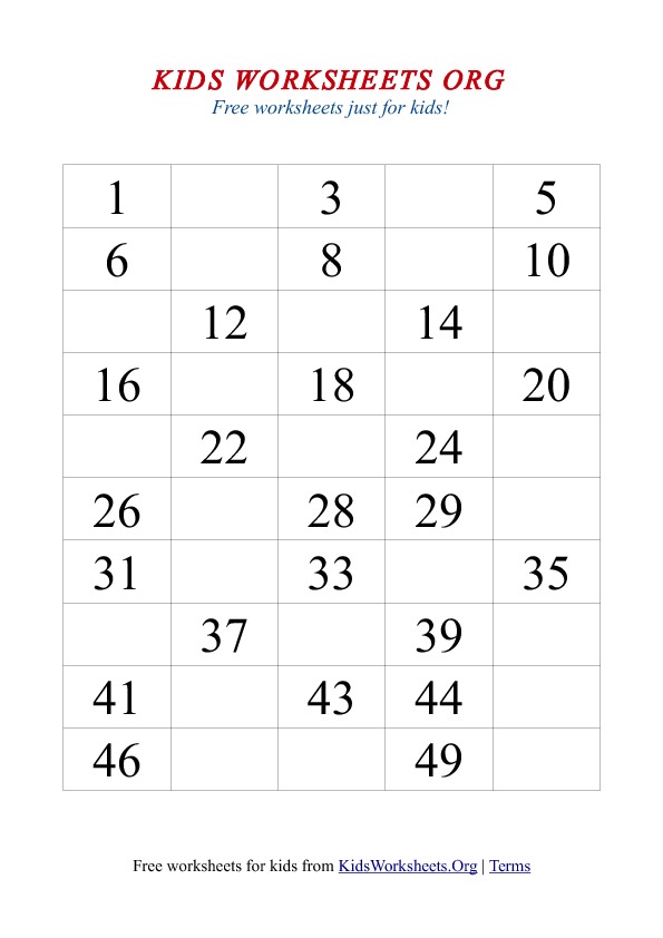 Fill In The Missing Numbers 1 50 Worksheet